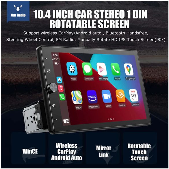 ESSGOO, FS0002 Vezeték nélküli CarPlay és Android Auto Bluetooth 4.2 10, 4 hüvelykes érintőképernyős multifunkciós autós lejátszó