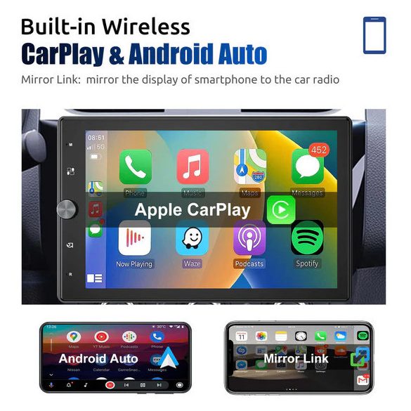 ESSGOO, FS0002 Vezeték nélküli CarPlay és Android Auto Bluetooth 4.2 10, 4 hüvelykes érintőképernyős multifunkciós autós lejátszó