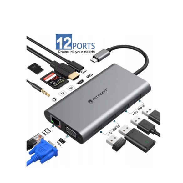 Fitfort Type-C Hub adapter, 12 portos alumínium