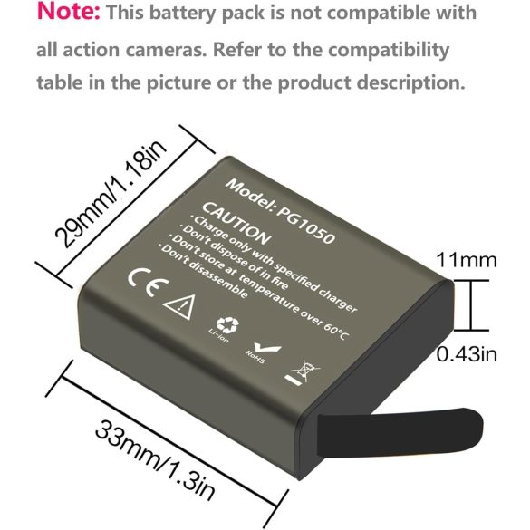 PG1050 akciókamera akkumulátor, 1050 mAh újratölthető akkumulátorok (2 db) USB töltővel AKASO EK7000/Crosstour/APEMAN/Campark/Dragon Touch/Victure/Apexcam/Vemont/COOAU/EKEN/SJ4000/PG900