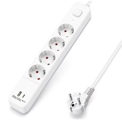   Aigostar 20BW2 - Elosztó USB-vel és kapcsolóval - 4x - 5 méter -2 USB (1 típus A + 1 típus C) - Fehér 