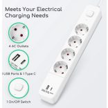 Aigostar 20BW2 - Elosztó USB-vel és kapcsolóval - 4x - 5 méter -2 USB (1 típus A + 1 típus C) - Fehér 