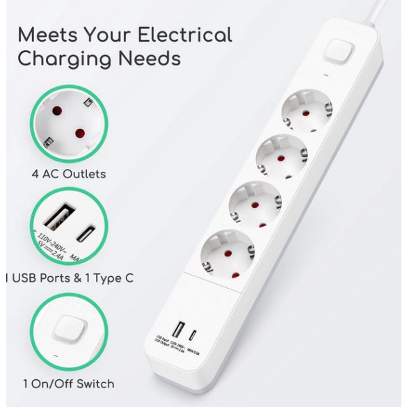 Aigostar 20BW2 - Elosztó USB-vel és kapcsolóval - 4x - 5 méter -2 USB (1 típus A + 1 típus C) - Fehér 