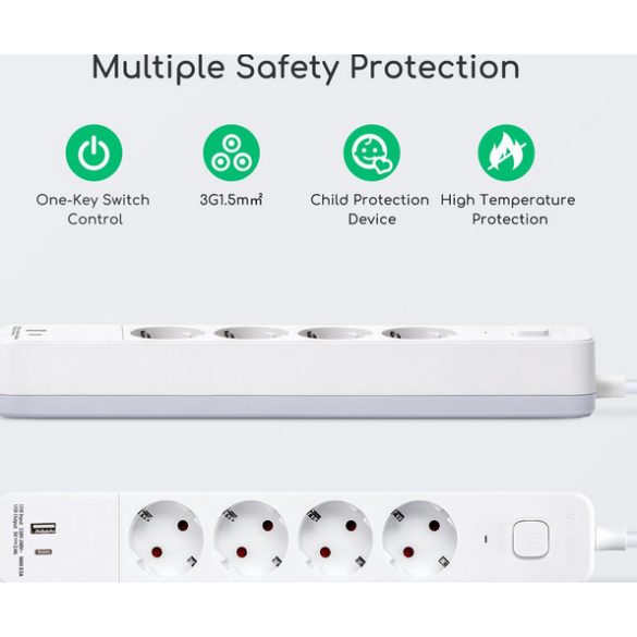 Aigostar 20BW2 - Elosztó USB-vel és kapcsolóval - 4x - 5 méter -2 USB (1 típus A + 1 típus C) - Fehér 