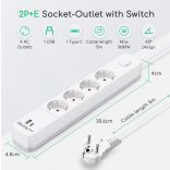 Aigostar 20BW2 - Elosztó USB-vel és kapcsolóval - 4x - 5 méter -2 USB (1 típus A + 1 típus C) - Fehér 