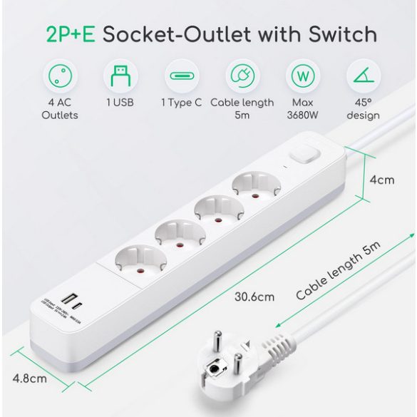 Aigostar 20BW2 - Elosztó USB-vel és kapcsolóval - 4x - 5 méter -2 USB (1 típus A + 1 típus C) - Fehér 
