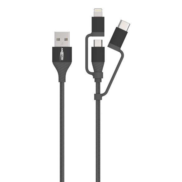 ANSMANN USB 3 az 1-ben töltőkábel, Micro USB/Type-C/Lightning adapter, Apple MFi tanúsítvánnyal, 480 Mbit/s sebességű adatkábel, robusztus textilburkolat és alumínium ház, 120 cm, antracit