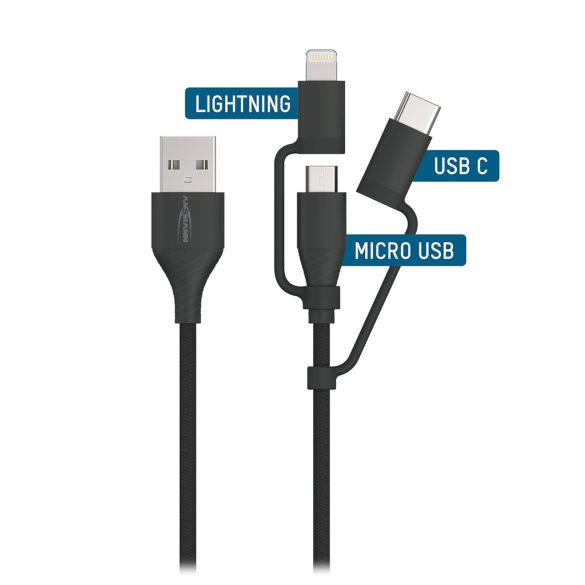 ANSMANN USB 3 az 1-ben töltőkábel, Micro USB/Type-C/Lightning adapter, Apple MFi tanúsítvánnyal, 480 Mbit/s sebességű adatkábel, robusztus textilburkolat és alumínium ház, 120 cm, antracit