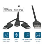 ANSMANN USB 3 az 1-ben töltőkábel, Micro USB/Type-C/Lightning adapter, Apple MFi tanúsítvánnyal, 480 Mbit/s sebességű adatkábel, robusztus textilburkolat és alumínium ház, 120 cm, antracit