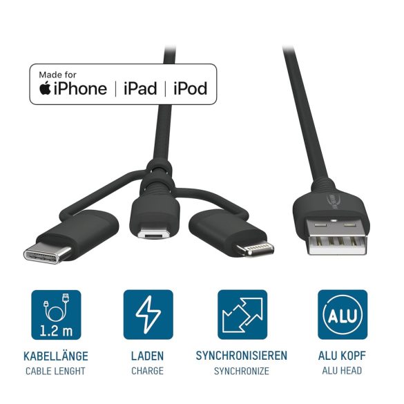 ANSMANN USB 3 az 1-ben töltőkábel, Micro USB/Type-C/Lightning adapter, Apple MFi tanúsítvánnyal, 480 Mbit/s sebességű adatkábel, robusztus textilburkolat és alumínium ház, 120 cm, antracit