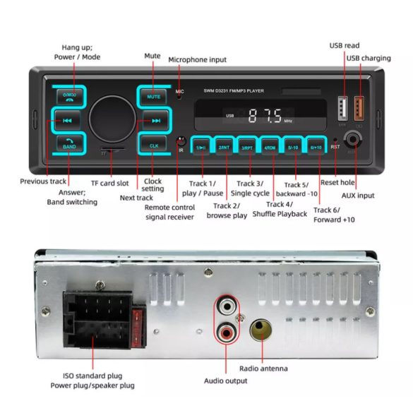 1 Din autórádió sztereó Bluetooth AM FM audio fejegység USB AUX MP3 lejátszó