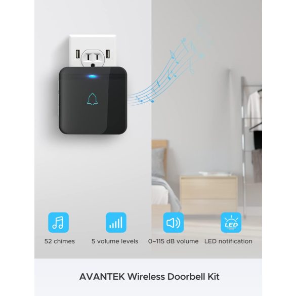 AVANTEK - vezeték nélküli ajtócsengő, D-3G vízálló, 52 dallammal, 5 hangerőszint, LED vakuval