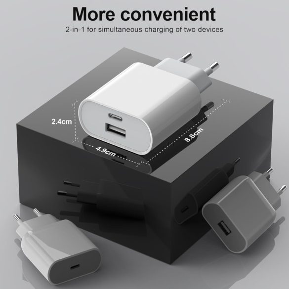 USB C töltő, 20 W-os 2 portos USB C tápegység adapter, többfunkciós iPhone 16/16 Pro/16 Pro Max/16 Plus/15 14 13 12 11 Pro Max X XS készülékekhez, Samsung, gyorstöltő mobiltelefon-töltő adapter