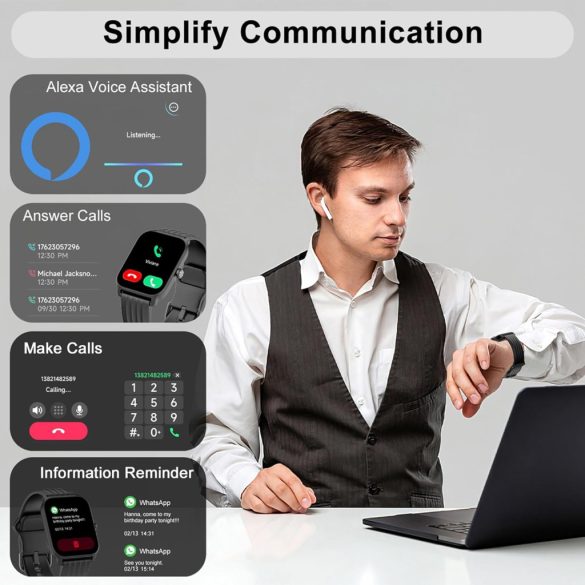 Baolubao okosóra férfiaknak, nők (hívásfogadás/hívások kezdeményezése), Alexa beépített, 1,8"-os fitneszóra SpO2 pulzusszám-alvásfigyelővel, 100 Sports, IP68 vízálló lépésszámláló okosóra iOS Android rendszerhez