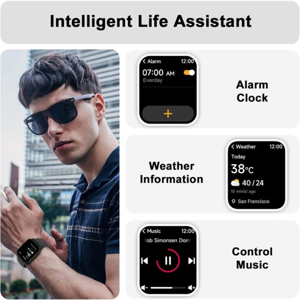 Baolubao okosóra férfiaknak, nők (hívásfogadás/hívások kezdeményezése), Alexa beépített, 1,8"-os fitneszóra SpO2 pulzusszám-alvásfigyelővel, 100 Sports, IP68 vízálló lépésszámláló okosóra iOS Android rendszerhez