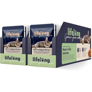 Lifelong gabonamentes nedves eledel felnőtt macskáknak, húsválogatás zselében, 4,76 kg, 56 csomag 85 g-os kiszerelésben