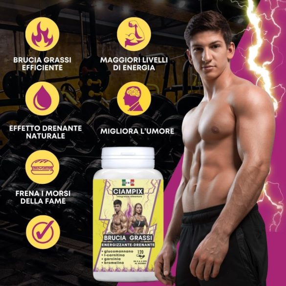 Ciampix Powerful Fast Fat Burner - Erőteljesen leürítő karcsúsító - Természetes összetevők Hatékony eredmény: Glükomannán koncentrátum, Garcinia Cambogia, Bromelain és karnitin 120 CPS Olaszországban készült