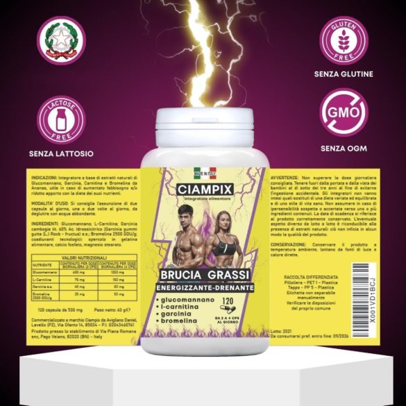 Ciampix Powerful Fast Fat Burner - Erőteljesen leürítő karcsúsító - Természetes összetevők Hatékony eredmény: Glükomannán koncentrátum, Garcinia Cambogia, Bromelain és karnitin 120 CPS Olaszországban készült