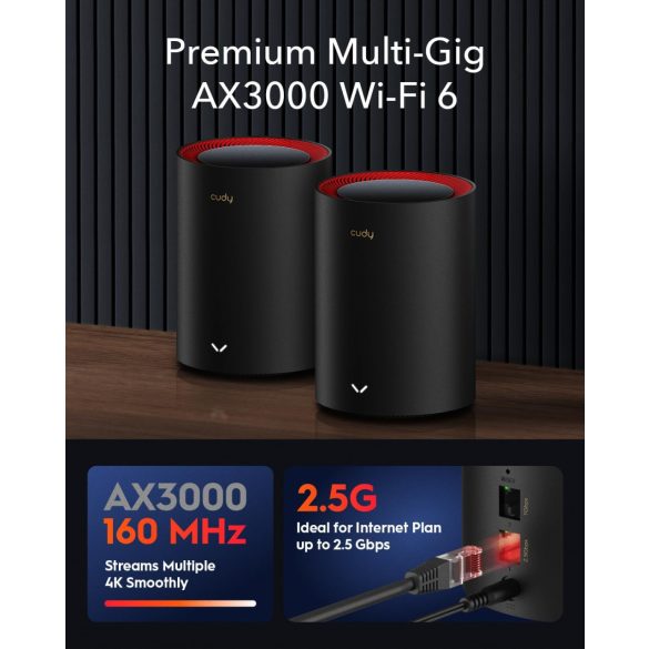 Cudy AX3000 Wi-Fi 6 2.5G Mesh rendszer (M3000) - Akár 655 négyzetmétert lefed, Kiváltja a vezeték nélküli routert és jelerősítőt, Támogatja az Ethernet Backhaul-t (3 darabos csomag)