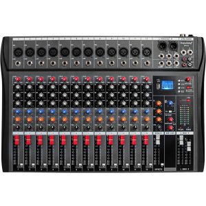 Professzionális USB keverő 12 csatornával, JESWO, gomb interfész, reverb, Bluetooth, fekete