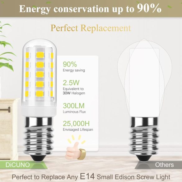 DiCUNO E14 LED izzó, szabályozható E14 kisméretű Edison csavaros lámpák, 2,5 W (30 W halogén/izzólámpa), hideg fehér 6000 K, 300 LM, 230 V SES izzók otthoni világításhoz, 6 db-os csomag