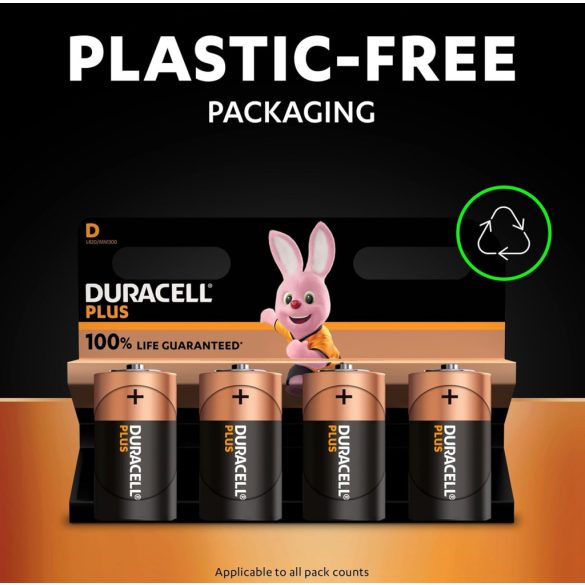 Duracell Plus Power alkáli elemek, R20, D, 1,5 V, 4 darabos csomag