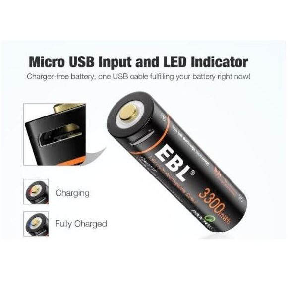 EBL Elem, 4 AA 1,5 V-os, 3300 mWh, Li-Ion USB töltéssel