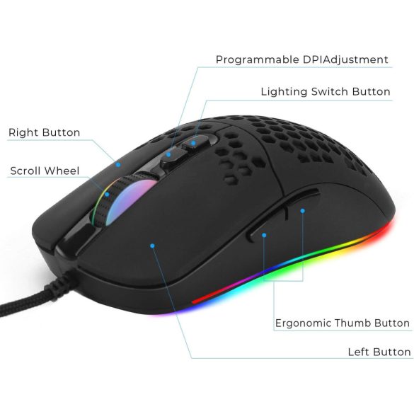 Uname - vezetékes USB C játék egér, könnyű, 7200 DPI, 5 RGB