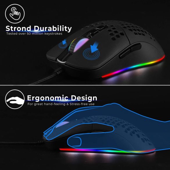Uname - vezetékes USB C játék egér, könnyű, 7200 DPI, 5 RGB