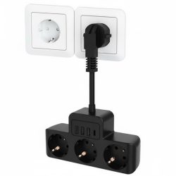   Elosztó túlfeszültség védő egyedi kapcsolóval, több aljzattal, 3 váltakozó áramú kimenettel 2db  USB + 1db Type-c  csatlakozóval, gyorstöltéssel, fekete 