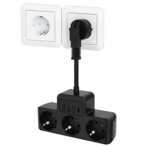 Elosztó túlfeszültség védő egyedi kapcsolóval, több aljzattal, 3 váltakozó áramú kimenettel 2db  USB + 1db Type-c  csatlakozóval, gyorstöltéssel, fekete 