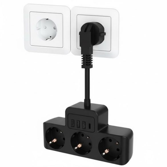 Elosztó túlfeszültség védő egyedi kapcsolóval, több aljzattal, 3 váltakozó áramú kimenettel 2db  USB + 1db Type-c  csatlakozóval, gyorstöltéssel, fekete 