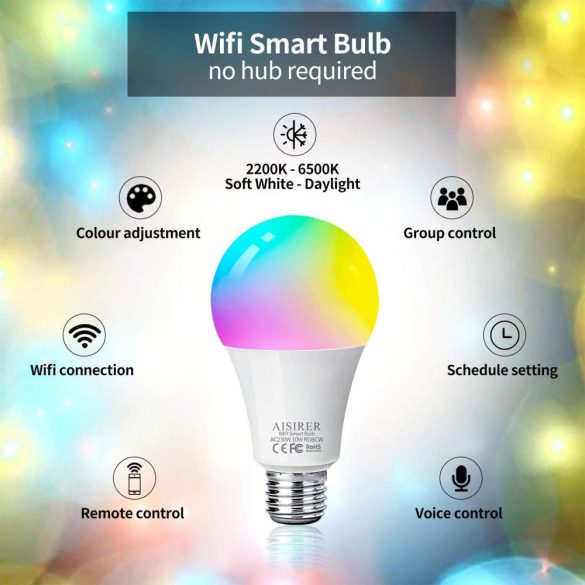 Alexa Smart Bulb WiFi izzó, E27, AISIRER csavarja, színnel változik zenével, 10W 1000LM,
