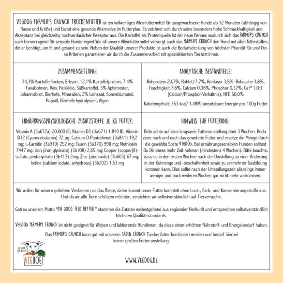 VEGDOG Farmer's Crunch vegán szárazeledel felnőtt kutyáknak burgonyával és favbeannel, gabonamentes teljes értékű eledel allergiásoknak alternatív fehérjeforrással (5 kg)