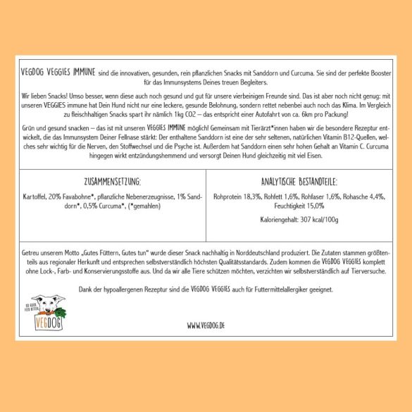 VEGDOG Veggies Immune Vegán Snack kutyáknak, Gabonamentes tréningfalat allergiásoknak burgonyával és Favababbal az erős immunrendszerért 125g