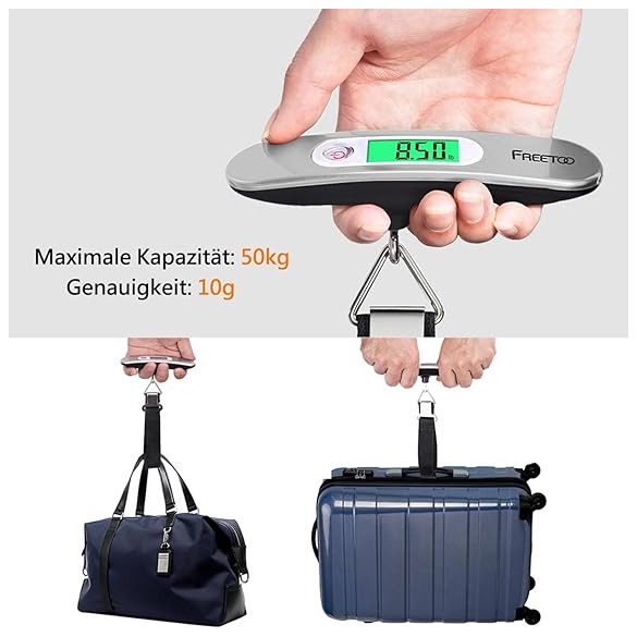 FREETOO poggyászmérleg, hordozható digitális akasztós mérleg utazáshoz, bőröndsúly mérleg 110 lb/ 50 kg kapacitás, elemmel