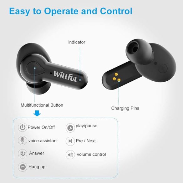 Willful T02 - Vezeték nélküli fülhallgató, beépített mikrofon, töltőtokkal, Vízálló, sportoláshoz