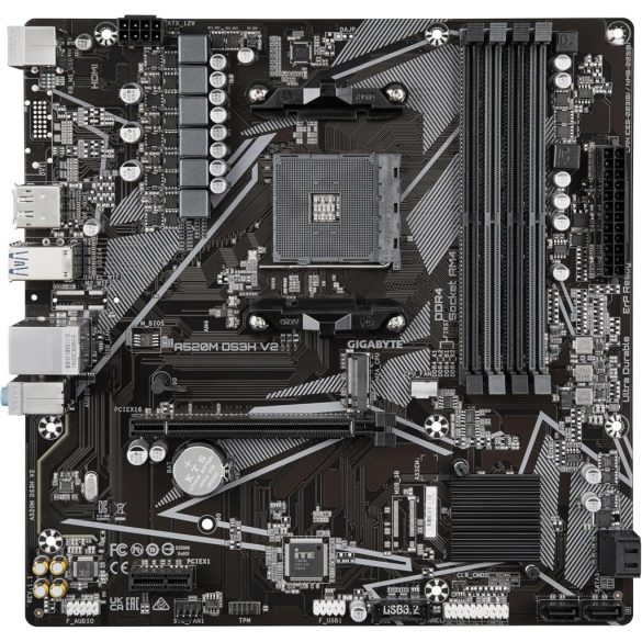 Gigabyte AMD A520M DS3H V2 AM4 Alaplap - (A520M, 4xDDR4 3200MHz, PCI-E, RAID, 4xSATA3, M.2, 6xUSB2.0, 6xUSB3.1)