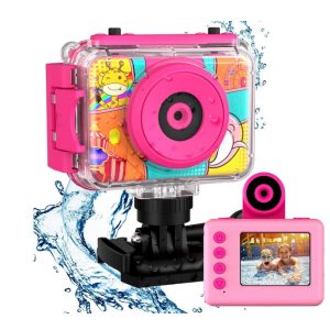 Tosaju - Gyerek akciókamera digitális fényképezőgép, videokamera, vízálló, sisakkamera, 20 MP HD 1080P, 2 "0" képernyővel, rózsaszín 