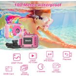 Tosaju - Gyerek akciókamera digitális fényképezőgép, videokamera, vízálló, sisakkamera, 20 MP HD 1080P, 2 "0" képernyővel, rózsaszín 
