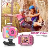 Tosaju - Gyerek akciókamera digitális fényképezőgép, videokamera, vízálló, sisakkamera, 20 MP HD 1080P, 2 "0" képernyővel, rózsaszín 