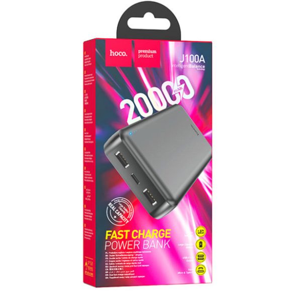 Külső akkumulátor Hoco J100A, 2 x USB, Ultra-vékony, 20000 mAh, LED kijelző, fekete