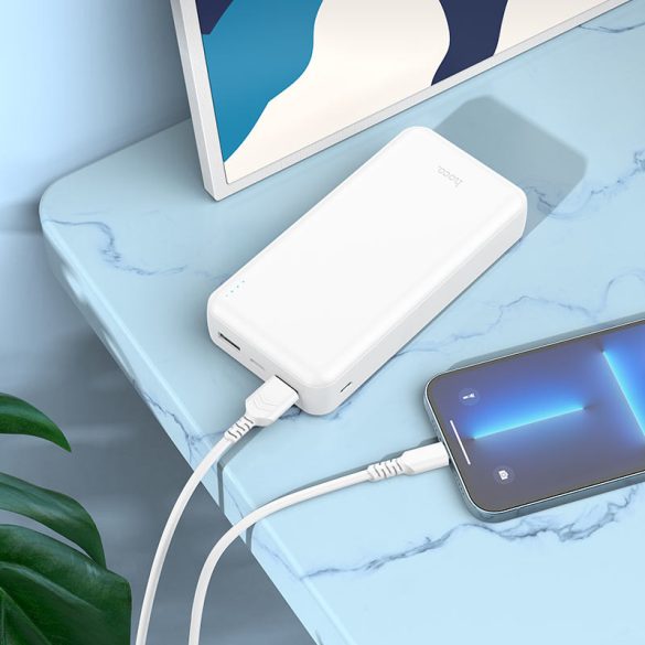 Külső akkumulátor, 20000mAh, két USB-A porttal, MicroUSB és USB-C tápegységgel, Ultra-Thin Design, HOCO J100A, Fehér