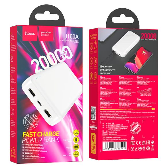 Külső akkumulátor, 20000mAh, két USB-A porttal, MicroUSB és USB-C tápegységgel, Ultra-Thin Design, HOCO J100A, Fehér