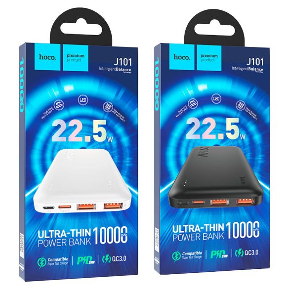 Külső akkumulátor, 10000mAh, két USB-A porttal, MicroUSB és USB-C tápegységgel, Ultra-Thin Design, HOCO J101, fehér 