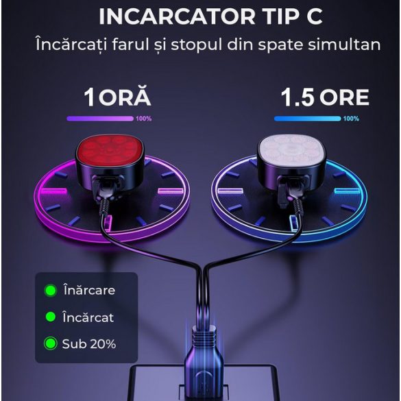 Ultra fényes első/hátsó kerékpárlámpa készlet, USB-vel újratölthető fényszóróval, 8 üzemmóddal és leállással 7 üzemmóddal, vízálló IP65, éjjel-nappal látható, fekete 