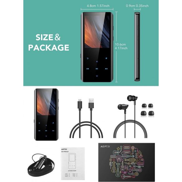 AGPTEK 32 GB-os MP3-lejátszó Bluetooth 5.0-val, 2.4 hüvelyk, ívelt képernyős zenelejátszó