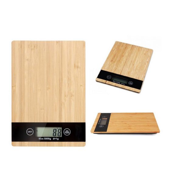 Verk konyhai mérleg, bambusz fa, LCD képernyővel, kapacitás 5 kg, 23x16 cm 