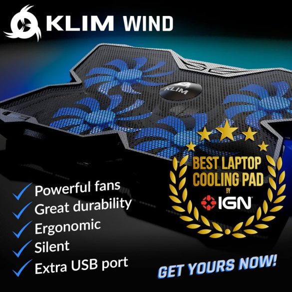 KLIM Wind Laptop Hűtőpad - Több mint 500 000 eladott darab - Új verzió - A legerősebb gyors működésű hűtőventilátor - Laptop állvány 4 hűtőventilátorral 1200 RPM-en - USB ventilátor - PS5 PS4 - Kék