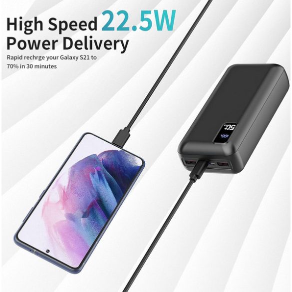 Uname Y67 Power Bank 30000 mAh 22, 5 W-os gyorstöltő hordozható töltő USB-C, 3 kimenettel és 2 bemenettel LED-kijelző Hatalmas kapacitású külső akkumulátorcsomag 